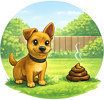 Hund sitzt neben seinem Häufchen im Garten