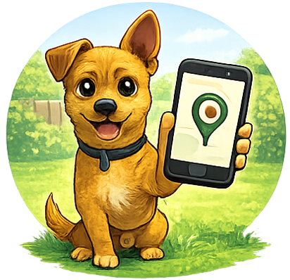 Hund zeigt Smartphone mit Standort-Marker